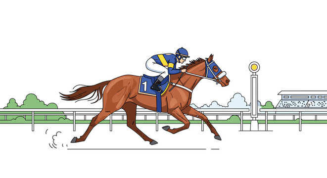 A jockey in blue and yellow silks rides a brown racehorse with the number one on its saddle across a white track.