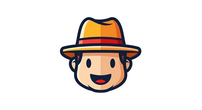A smiling cartoon farmer wearing a hat and jeans standing on a farm in a simple retro style