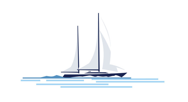 Two minimalist sailboats with white sails navigate stylized blue water lines on a white background.
