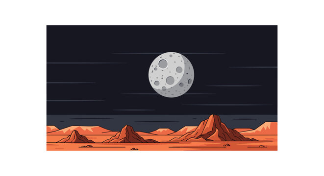 A large moon illuminates a rocky, reddish-brown alien landscape under a dark sky in pixel art style.