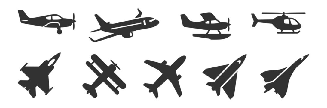silhouettes of various airplane types including commercial, fighter jet, biplane, seaplane and helicopter on transparent background