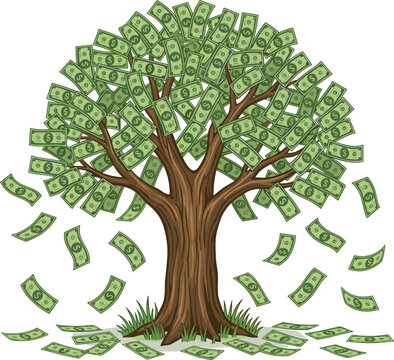 Money tree illustration with falling banknotes symbolizing wealth and financial growth, depicting prosperity and abundant riches