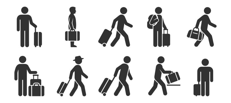 human silhouette icons with luggage suitcase and bags travel and business symbols on transparent background