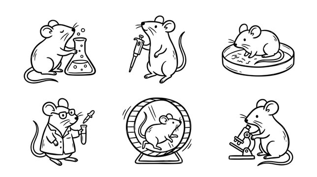 laboratory mouse line vector set. black color sketches style on white background. Vector illustration.