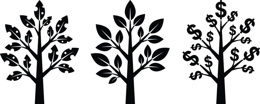 Three stylized trees illustrating growth, from damaged to blossoming, culminating in a tree laden with money symbols