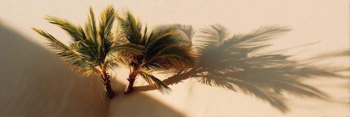 Naklejka premium Twin palm trees casting long shadow on pale sand dune in warm sunlight coastal desert scene with minimalist tropical silhouette
