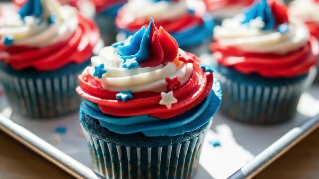 Red white and blue cupcakes on baking sheet