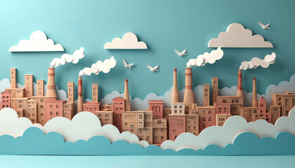 Obraz premium Paper cut style industrial city with factories emitting smoke clouds into blue sky with birds flying. Buildings, chimneys create urban skyline layered with fluffy white clouds, abstract pastel tones.