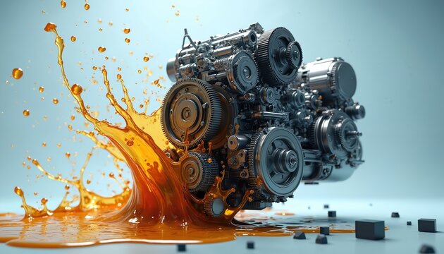 Internal combustion engine with splash of oil. Detailed mechanical parts and gears. Automotive concept with liquid lubricant. Motor tech innovation graphic.