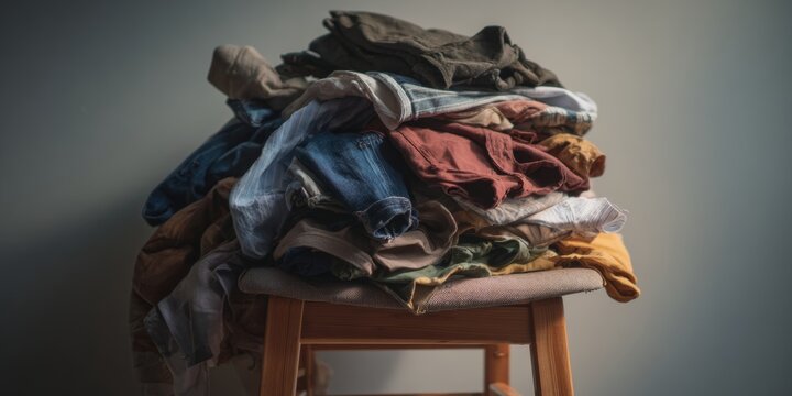 A collection of folded and colorful clothes sitting on a chair, likely sorted for laundry or organization.