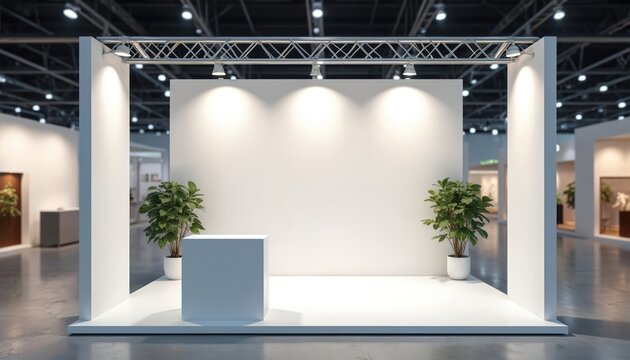 Modern blank exhibition booth stand for trade show events. Minimalist white display space with podium and plants. Corporate business marketing presentation backdrop, event setup.