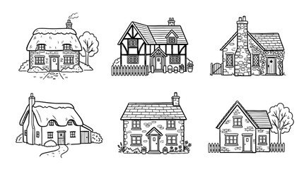 Naklejka premium traditional cottage line vector set. black color sketches style on white background. Vector illustration.