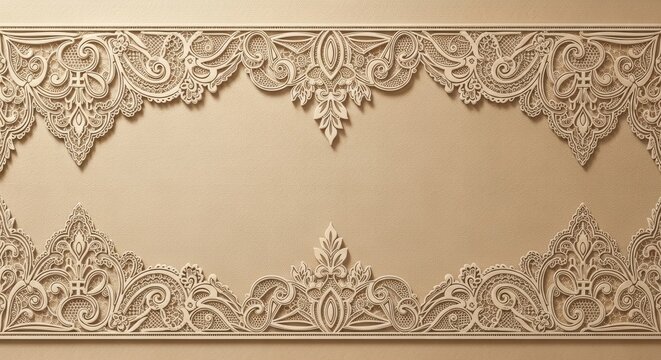 Beige paper background with intricate laser cut lace border. Decorative frame with ornate floral pattern and filigree scrollwork. Elegant texture for wedding invitation design card.