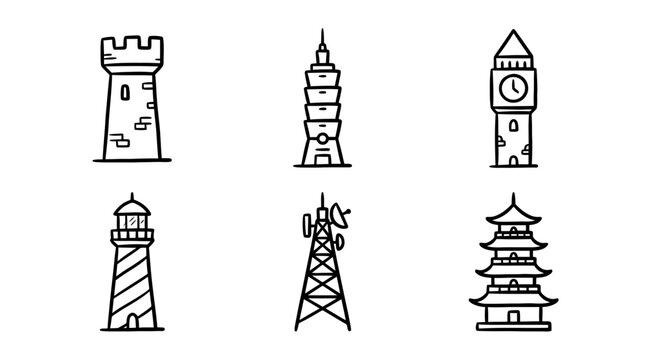 tower line vector set. black color sketches style on white background. Vector illustration.