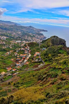 Panoramic view of Madeira Island: A stunning aerial view showcases the picturesque coastal landscape of Madeira Island.