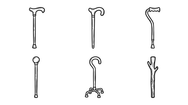 walking stick line vector set. black color sketches style on white background. Vector illustration.
