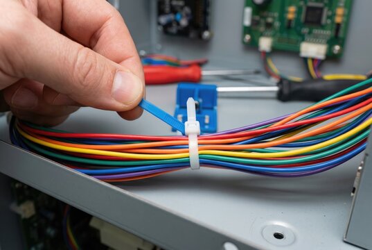 Hands tightening a white plastic zip tie around a bundle of brightly colored electrical wires