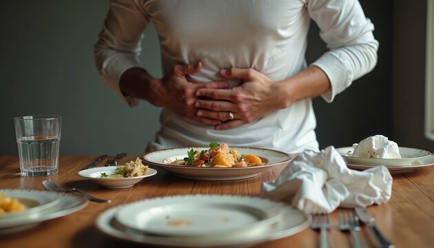 Person with stomach ache holding belly after big meal. Uncomfortable discomfort after excess food. Feeling bloated and sick from overeating at dinner.