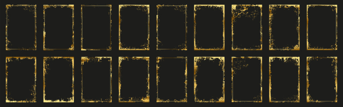 Grunge frame collection with distressed golden borders on dark background. Includes textured rectangular shapes for vintage