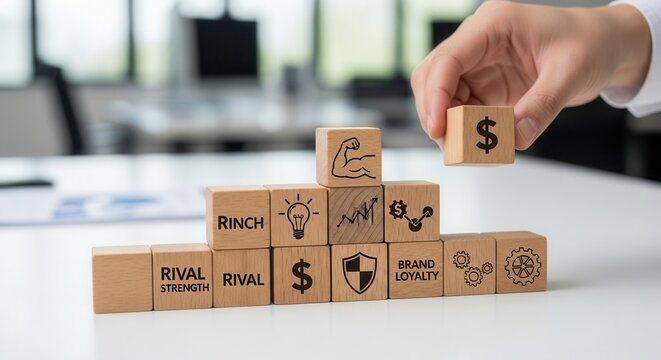 Competitive market analysis and showing cubes arranged to map out all rival strengths using wooden cubes, symbolic icons, human hand, natural depth of field, soft blurred background, clean white desk.