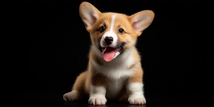 Adorable corgi puppy with big ears and panting mouth, smiling at the camera.