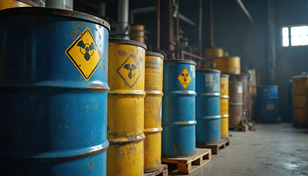 Rusted metal barrels marked with biohazard symbols are stored in a dark warehouse. Industrial containers hold toxic waste materials. Safety regulations are important for this hazardous storage.