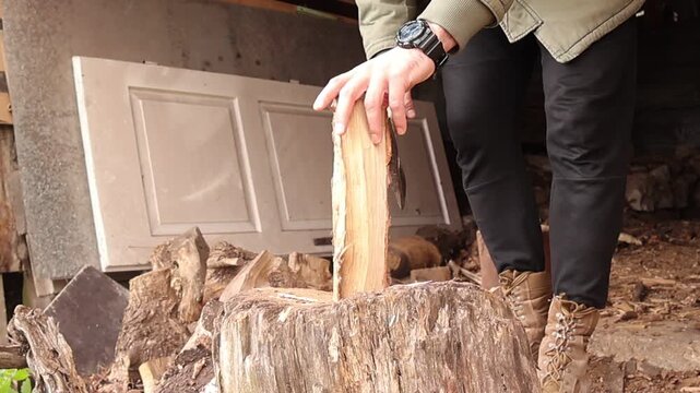 A person places piece of wood onto the chopping block and cleanly splits it with an axe, demonstrating steady technique and repetitive woodcutting work in a rustic outdoor setting.