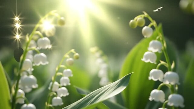 Lily of the valley blooms in dappled sunlight