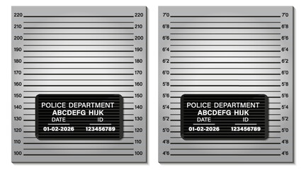 Police lineup board with height measurement background and identification plate. Includes two versions with metric and imperial height scales