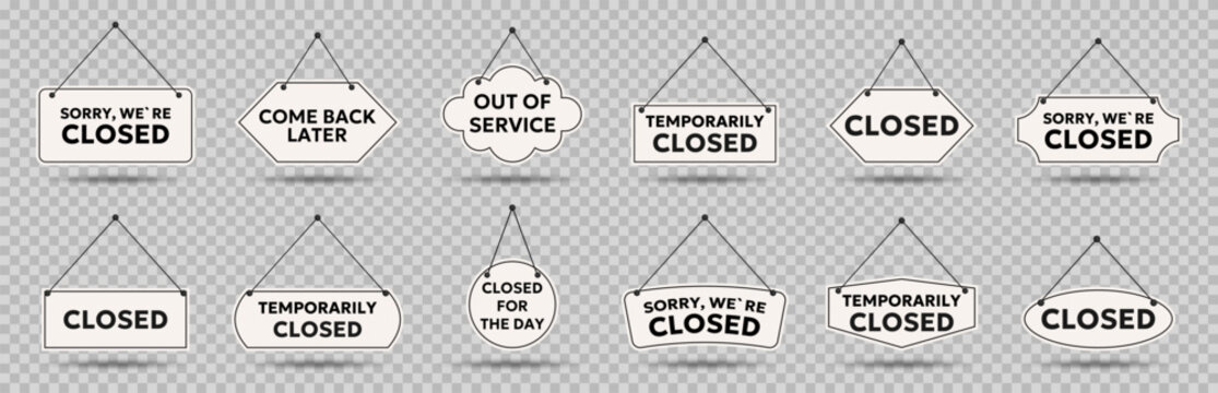 Hanging sign collection with closed messages and business status labels. Includes various shop signs like sorry closed and come back later