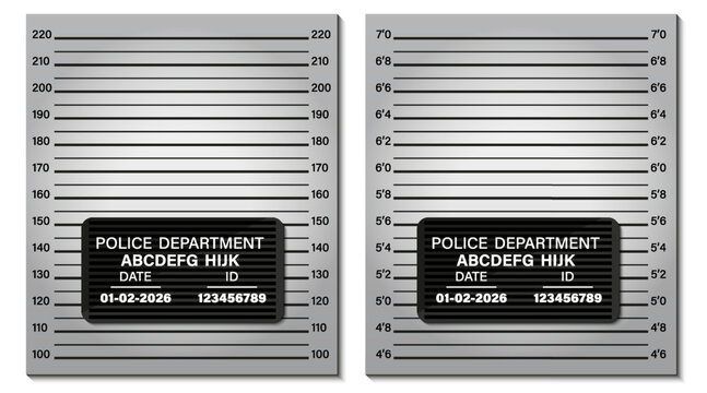 Police lineup board with height measurement background and identification plate. Includes two versions with metric and imperial height scales