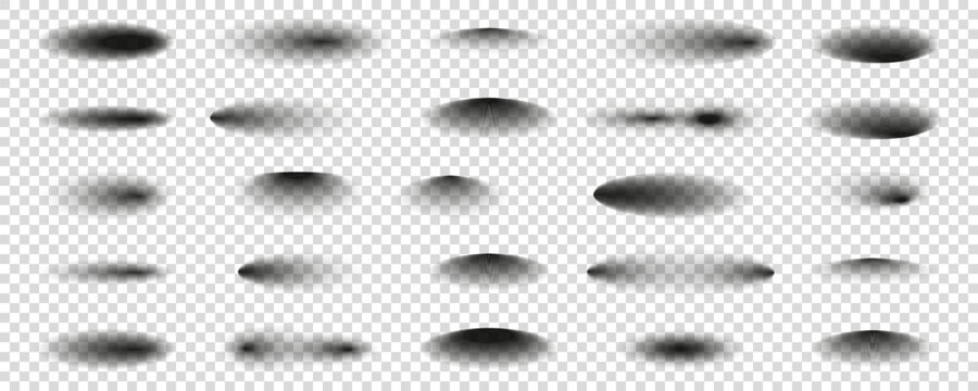 Shadow collection with soft realistic drop shapes on transparent background. Includes multiple blur shadows