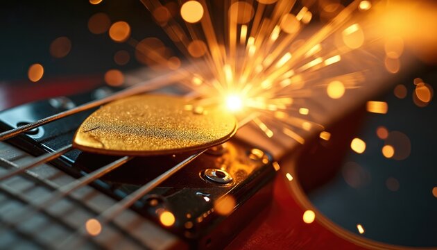 Golden guitar pick strikes strings creating bright sparks. Intense energy and sound emerge from guitar. Dynamic motion on musical instrument.