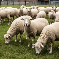 Fototapeta premium A flock of fluffy sheep grazing peacefully on a lush green pasture on a farm