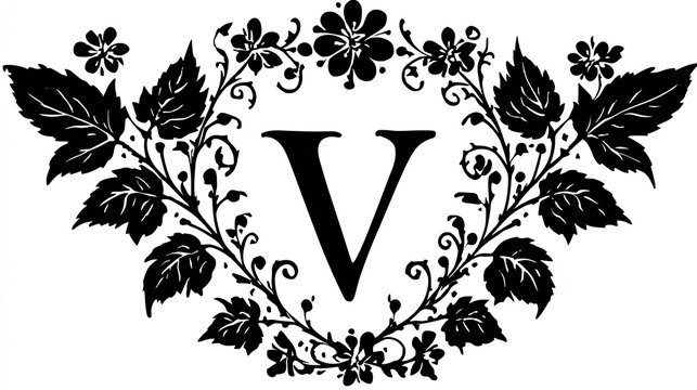 Ornate floral border frames a prominent capital letter V design in black silhouette.
