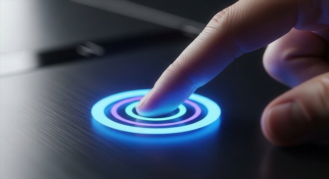 Finger touching circular UI element, glowing ring, soft depth of field
