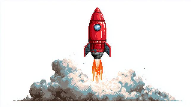 Launching rocket ship pixel art icon for startups and technology