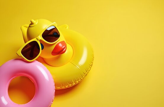 Yellow rubber duck float wears sunglasses next to pink swim ring on bright yellow surface. Minimalist summer scene with pool accessories ready for fun.