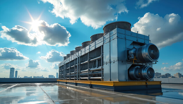 Large industrial HVAC unit on building roof under sunny sky with clouds. This system cools large areas like factories or offices. It features fans and pipes.