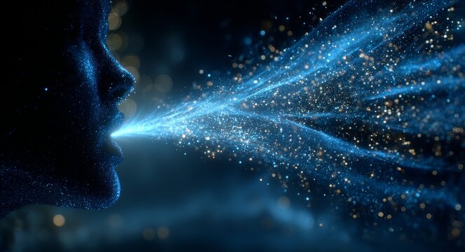 The individual breathes out shimmering gold particles against a dark blue setting