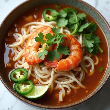 Close-up of Vietnamese banh canh cua soup with noodles and shrimp. Garnished with cilantro, jalapenos, and lime slice. Served in a rustic bowl. This dish looks delicious and fresh.
