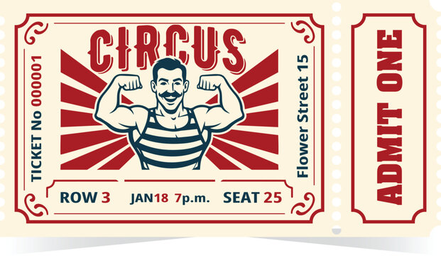 A retro-style circus admission ticket featuring a classic strongman illustration with bold typography and decorative vintage elements for posters, invitations, party designs, branding, print projects