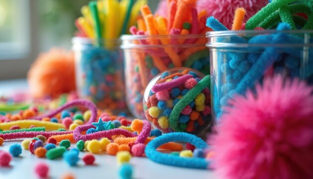 Colorful craft supplies spill across table. Pipe cleaners, pom poms, beads, jars organize craft materials for kids projects. Fun creative art activity.