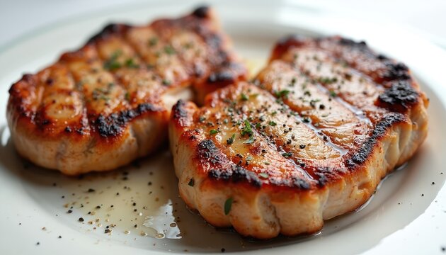 Two juicy grilled pork chops rest on white plate seasoned with herbs, pepper. Delicious meat cuts ready for hearty meal presentation. Cooked protein looks tender, flavorful, perfect for dining.