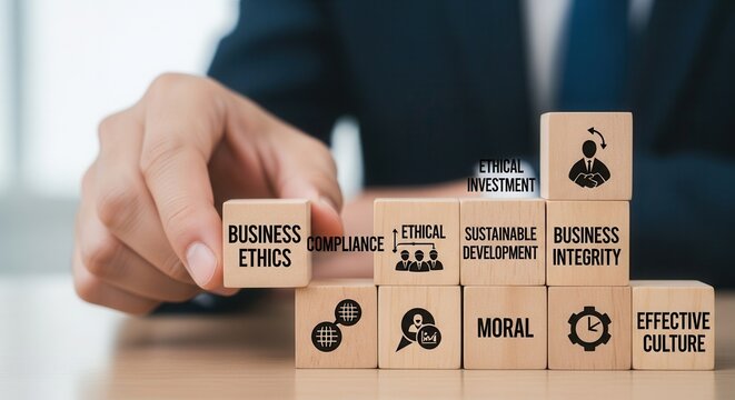 Hand arranging wooden cube with icon Business ethics and compliance concept. Ethical investment, sustianable development. Business integrity and moral. The effective compliance and ethics culture in w