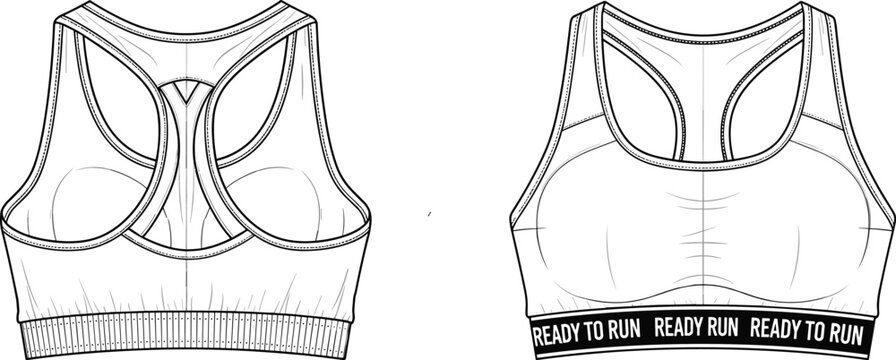 Web"Technical fashion flat drawing of sports bra design with racerback structure, scoop neckline, seam details, wide elastic READY TO RUN band for activewear apparel illustration and garment pattern 