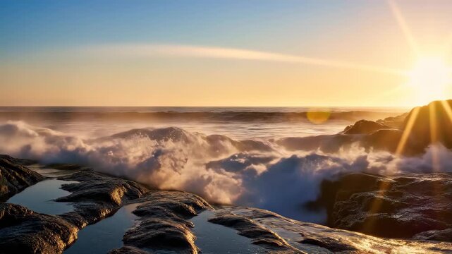 Dramatic Ocean Waves Crashing on Rocky Shoreline at Sunset.