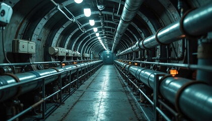 Fototapeta premium Inside submarine corridor perspective with rows of pipes and overhead lights. Metallic structure, blue hue, industrial tunnel leading to a door. Advanced engineering, transport, military setting.