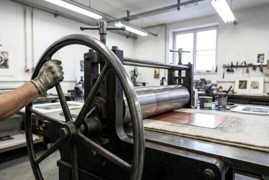 Printmaker hand turning the large metal wheel of a heavy vintage intaglio etching press