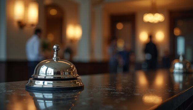 Shiny brass hotel reception bell sits on marble counter. Blurred background shows lobby interior with people. Classic service desk evokes guest welcome.